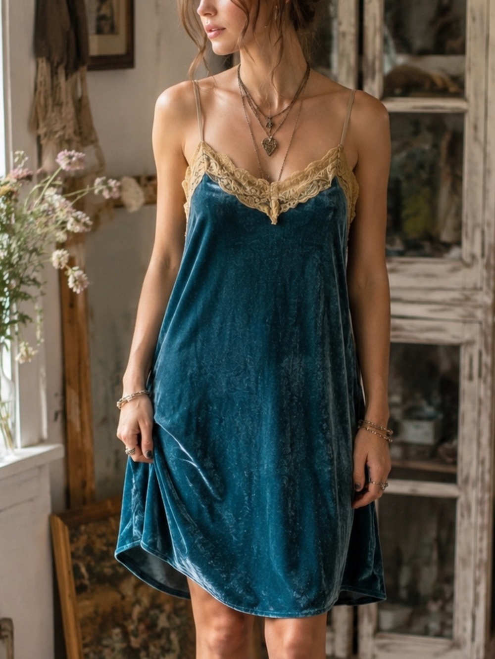 Aratta Silent Journey Teal Velvet Lace Trim Slip Dress Western Boho Chic | Med